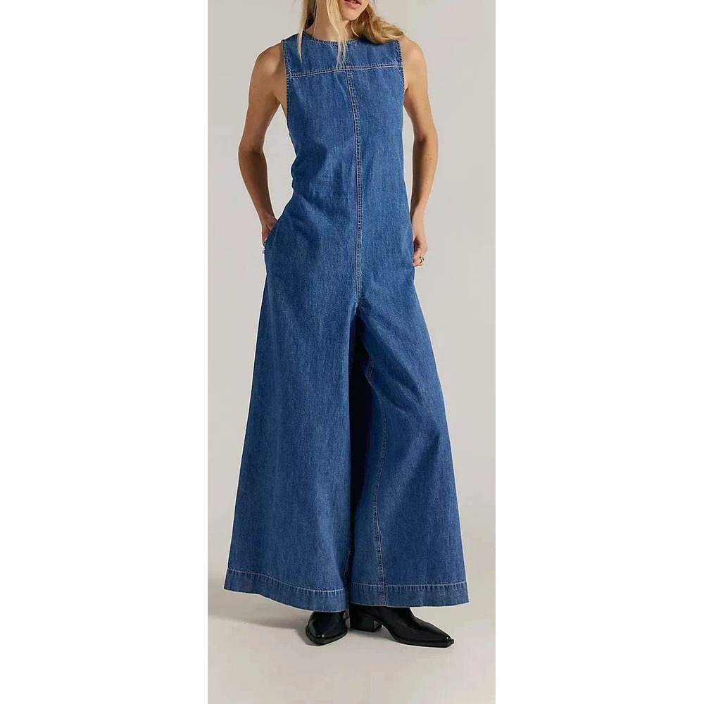 We The Free People Do No Wrong Sleeveless Linen Denim Jumpsuit - Blue - L - $148